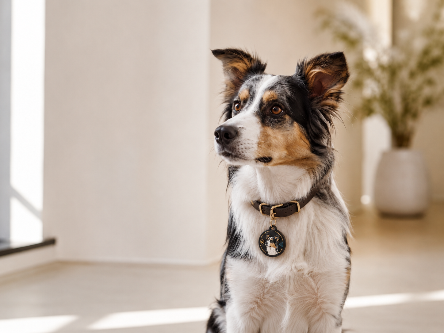 MusoTag NFC personalizzato agganciato al collare di un cane